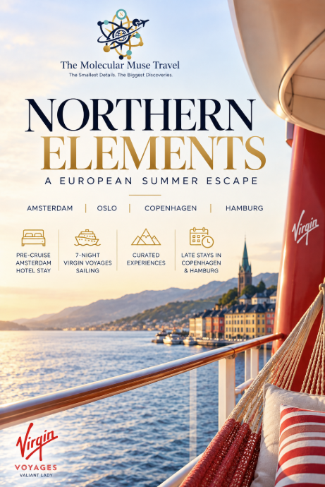 Northern Elements: A European Summer Escape trip card featuring Amsterdam, Oslo, Copenhagen, and Hamburg aboard Virgin Voyages’ Valiant Lady.