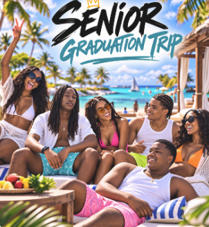 Senior Graduation Trip card featuring a group of graduates celebrating together at a tropical beach resort.