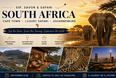 Sip, Savor & Safari South Africa trip card featuring Cape Town, a luxury safari, Johannesburg, and wildlife for September 2028.